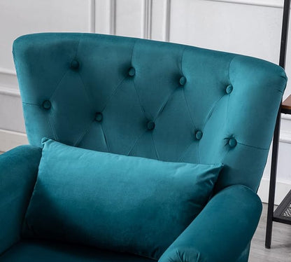 Mid Century Modern Accent Chair Upholstered Armchair Comfy Velvet Fabric Single Sofa with Tufted Wingback for Small Spaces Bedroom Living Room, Teal