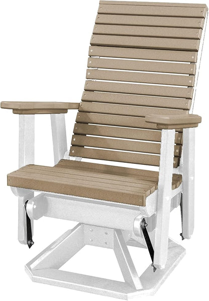 DutchCrafters Modern Horizontal Slat High Back Poly Adirondack Swivel Glider Outdoor Patio Chair (White & Weatherwood)