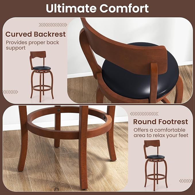 COSTWAY Bar Stools Set of 2, 29 Inch Swivel Bar Height Chairs with Rubber Wood Frame, Upholstered Seat, High Back Barstools for Kitchen Island, Home Bar, Pub, Brown (2, Seat Height: 29”)