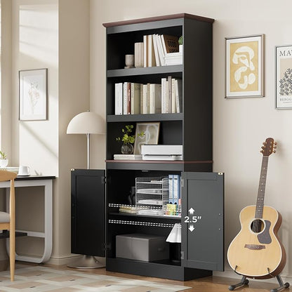 MHOM 71" Tall Bookshelf with Doors, 5 Tiers Farmhouse Bookcase with Adjustable Shelves, Wooden Rustic Display Cabinet for Home Office, Living Room, Black