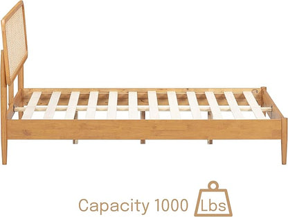 NTC Lupin Wooden Bed Frame with Headboard and Natural Rattan, Solid Oak/Rubber Wood Foundation with Silent Slats, 1000 Lb Capacity, Effortless Assembly (Natural Cane - Rustic Oak, King)