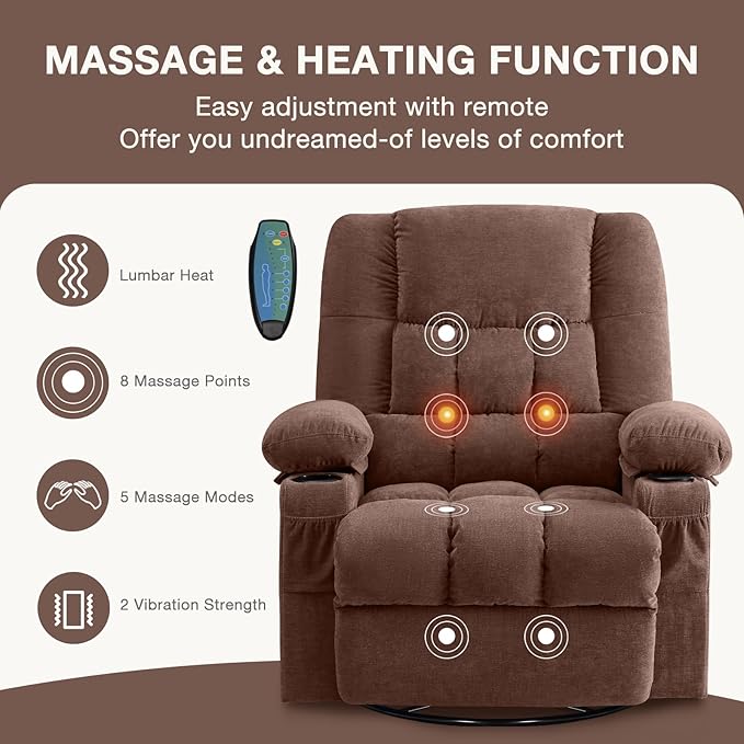 BOSMILLER Massage Swivel Rocker Recliner Chair with Vibration Massage and Heat Ergonomic Lounge Chair for Living Room with Rocking Function and Side Pocket, 2 Cup Holders, USB Charge Port