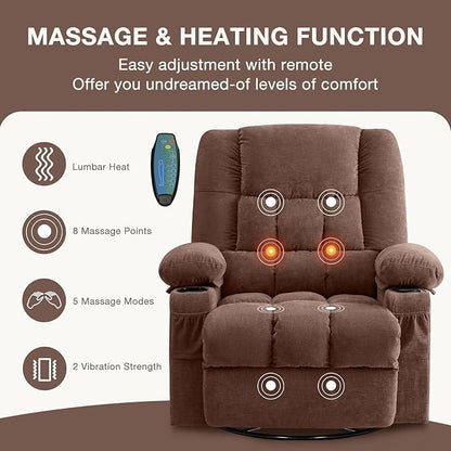 BOSMILLER Massage Swivel Rocker Recliner Chair with Vibration Massage and Heat Ergonomic Lounge Chair for Living Room with Rocking Function and Side Pocket, 2 Cup Holders, USB Charge Port