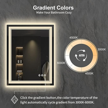 LED Bathroom Mirror, 24x32 Inch Gradient Front and Backlit LED Mirror for Bathroom, 3 Colors Dimmable CRI>90 Double Lights, IP54 Enhanced Anti-Fog, Hanging Plates Vanity Mirror with Lights