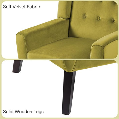 Accent Chair, Mid-Century Modern Velvet Fabric Chairs with Arms for Living Room, Comfy Upholstered Club Single Sofa Armchair for Bedroom Waiting Room with Solid Wood Frame (Velvet Green, Set of 1)