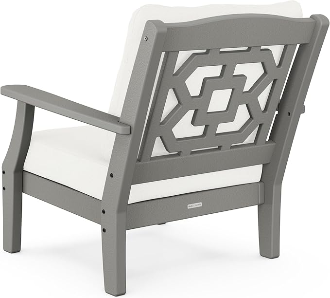 Martha Stewart by POLYWOOD Chinoiserie Outdoor Deep Seating Chair with Cushion, Slate Grey/Natural Linen, Durable and Comfortable HDPE All-Weather Patio Furniture for Deck, Backyard, Made in The USA