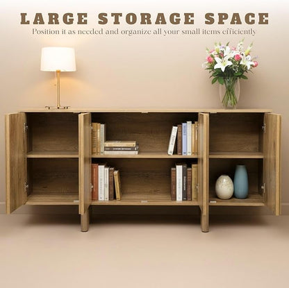 LukeAlon Fluted Sideboard Cabinet with Storage, 65" Farmhouse Accent Buffet Cabinet Credenza, Wooden Entryway Cabinets Long Console Table for Living Room Dining Room Hallway, Natural Wood Color