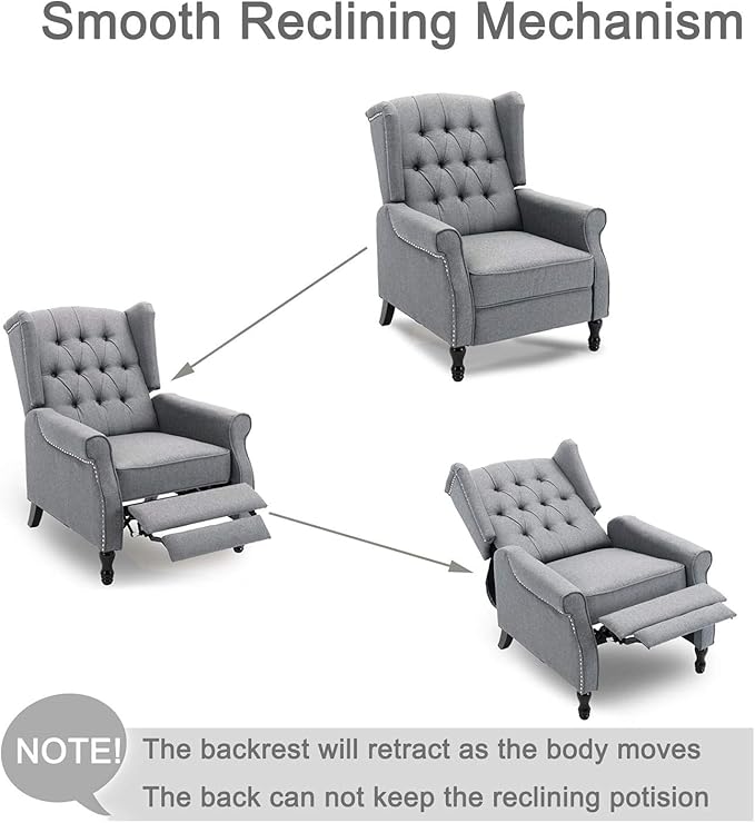 Pushback Recliner Chair, Modern Accent Arm Chair, Fabric Wingback Chair for Living Room Bedroom, Grey