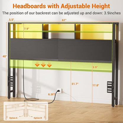 Aheaplus Headboard for Queen Size Bed with Storage, Headboards with Outlets, USB Ports and LED Light, Queen Size Head Board Only, Height Adjustable, Reversible, Sturdy and Stable Headboard, Black