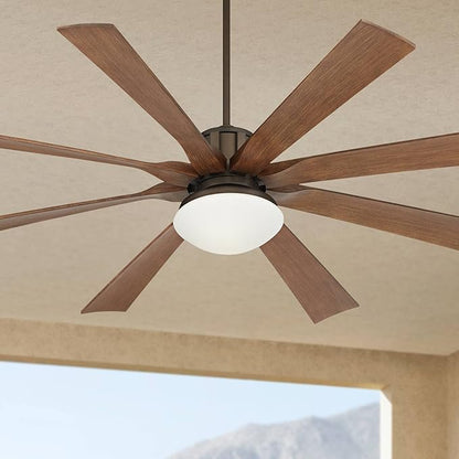Possini Euro Design 70" Defender Modern Industrial Outdoor Ceiling Fan with LED Light Remote Control Oil Rubbed Bronze Koa Opal Glass Damp Rated for Patio Exterior House Home Porch Gazebo Garage
