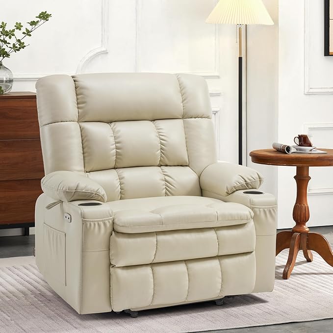 MCombo Dual Motor Power Lift Recliner Chair for Elderly, Lay Flat Lift Chair with Heat and Massage, Petite Wide Lift Chair, Cup Holders, USB A&C Ports, Faux Leather R7894 (Cream White, Small-Wide)