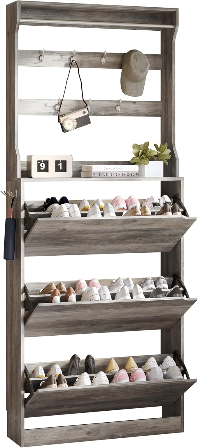 Tall Shoe Cabinet with Coat Rack, Hidden Shoe Storage Cabinet with Doors & Drawer, Hanging Bar & Hooks, Slim Narrow Freestanding Shoe Rack Organizer for Entryway, Hallway & Living Room, Grey