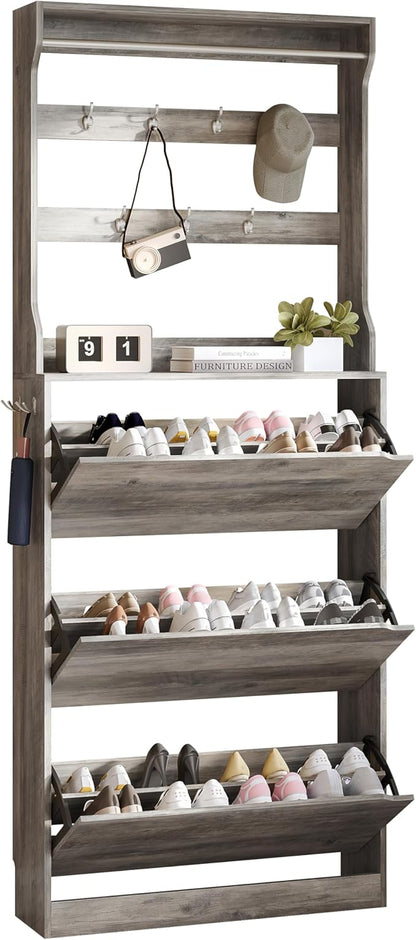 Tall Shoe Cabinet with Coat Rack, Hidden Shoe Storage Cabinet with Doors & Drawer, Hanging Bar & Hooks, Slim Narrow Freestanding Shoe Rack Organizer for Entryway, Hallway & Living Room, Grey
