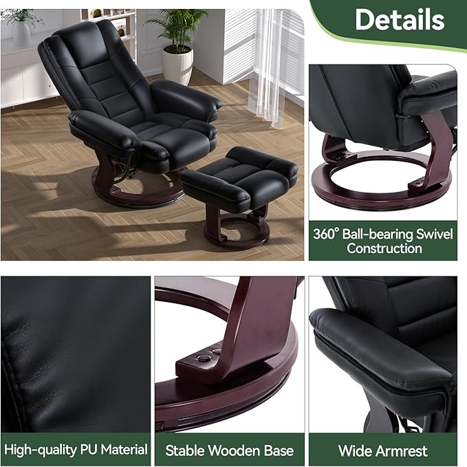 Swivel Recliner Chair with Ottoman, Adjustable PU Leather Recliner with Wood Base, Thick Padded Cushion, Modern Reclining Chair & Ottoman Set for Living Room, Bedroom, Office, Small Spaces (Black)