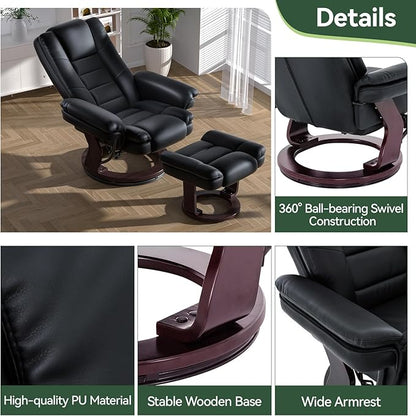 Swivel Recliner Chair with Ottoman, Adjustable PU Leather Recliner with Wood Base, Thick Padded Cushion, Modern Reclining Chair & Ottoman Set for Living Room, Bedroom, Office, Small Spaces (Black)
