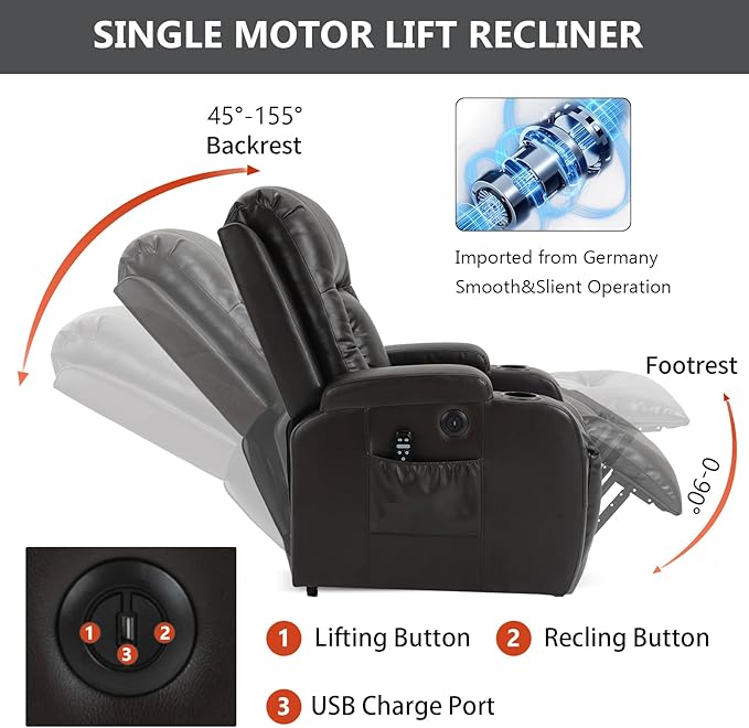 PELUMY Manual Lift Recliner Chair for Elderly with Massage & Heat, Oversized Heavy Duty 350 lbs Recliner with Cup Holders & USB Ports, Infinite Positioning Lift Chair (Breathable Leather, Dark Brown)