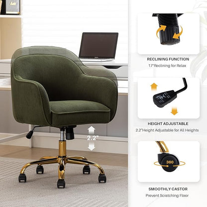 Home Office Desk Chair with Arms Gold Wheels Modern Velvet Upholstered Rolling Computer Chair Mid-Back Ergonomic Adjustable Swivel Vanity Chair for Bedroom Study Office, Green,Corduroy