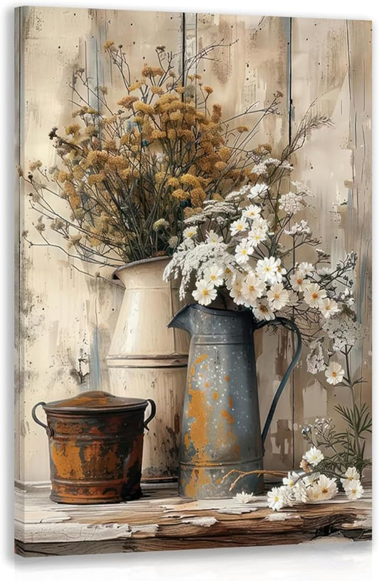 HLXRAE Framed Rustic Farmhouse Bathroom Wall Art, Vintage Country Floral Still Life Wall Decor, White Daisy Canvas Painting, Shabby Chic Flower Poster Print for Living Room Bedroom Kitchen 12"x16"