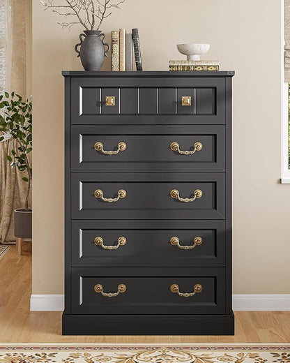 AOGLLATI Farmhouse 5 Drawers Dresser for Bedroom, 48” Tall Wood Rustic Chest of Drawers with Natural Texture, Vintage Design, Black Storage Dresser for Bedroom, Black