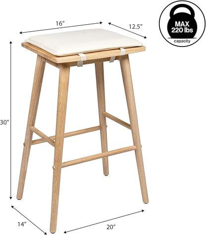 JONATHAN Y BSL2002B Peroni 30.5" MidCentury Classic Saddle-Seat Solid Wood/Vegan Leather Backless Bar Stool with Removeable Cushion for Pool, Deck, Poolside, Brown/Light Teak (Set of 2)