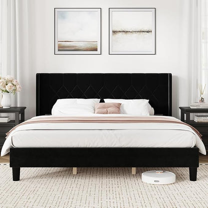 Novilla King Bed Frame, King Bed Frame with Headboard, Velvet Upholstered Pull-Point Wing Side Headboard, No Box Spring Needed, Heavy Duty Feet, Easy Assembly, Black Velvet