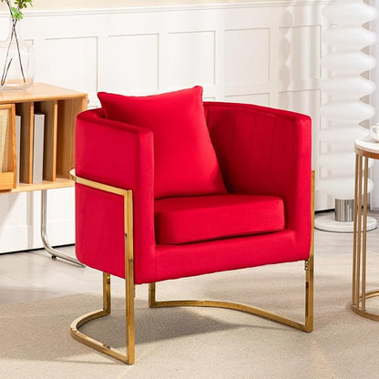 Velvet Modern Accent Chairs Set of 2, Upholstered Barrel Armchair Mid Century with Pillow for Living Room, Comfy Single Vanity Chair with Metal Gold Legs for Bedroom, Rose Red