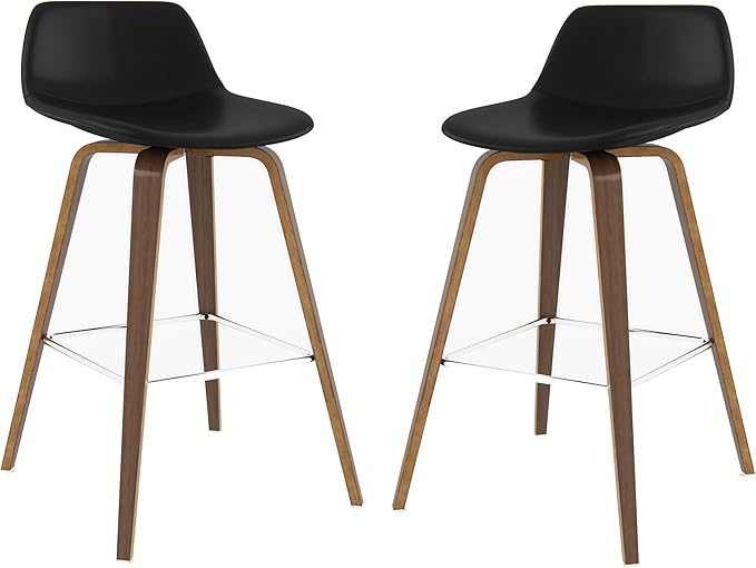 SIMPLIHOME Randolph Counter Stools (Set of 2) - 28 Inch Seat Height Upholstered Bentwood Kitchen Seats in Black Vegan Faux Leather, Mid Century Modern Seating with Curved Backrest and Chrome Footrest