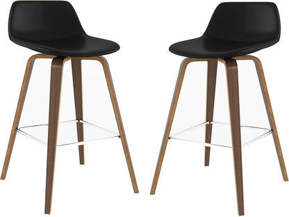 SIMPLIHOME Randolph Counter Stools (Set of 2) - 28 Inch Seat Height Upholstered Bentwood Kitchen Seats in Black Vegan Faux Leather, Mid Century Modern Seating with Curved Backrest and Chrome Footrest