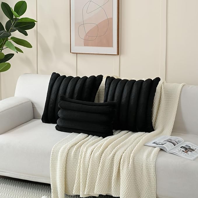 FUTEI Black Decorative Throw Pillow Covers 26x26 Inch Set of 2, Square Soft Faux Rabbit Fur Thick Striped Euro Pillow Shams,Winter Home Decor for Couch Bed Living Room