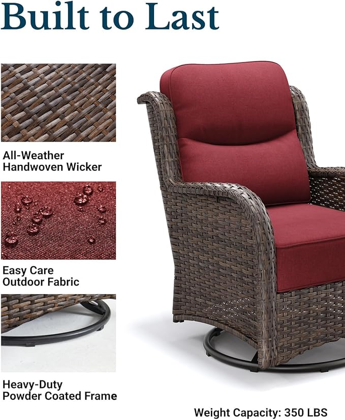 HILLGA Luxury Outdoor Swivel Rocker Patio Chairs of 2 with 6 Inch Thick Cushions and Side Table, Swivel Outdoor Chairs 5PCS High Back Wicker Patio Furniture Set for Porch, Balcony, Deck in Burgundy