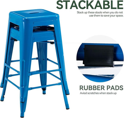 Vogue Furniture Direct 24 Inch Metal Bar Stools, Backless Counter Height Barstools, Indoor Outdoor Stackable Stools with Square Seat, Set of 2 (Blue)