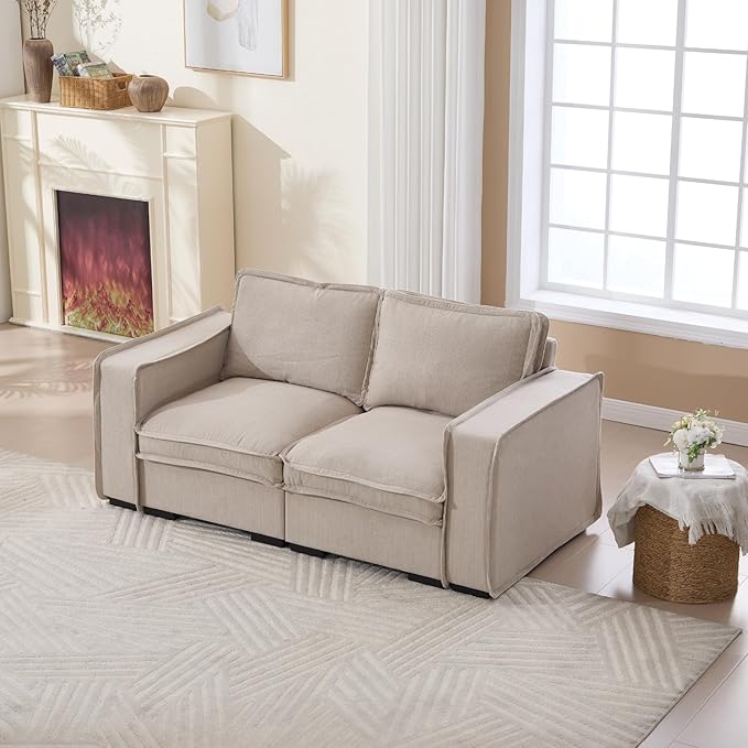 Modern Sectional Sofa for Living Room, Upholstered 2-Seater Modular Couches Linen Fabric Love Seat for Home Furniture, Oatmeal