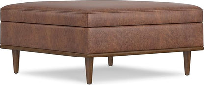 SIMPLIHOME Shiloh 38 inch Wide Transitional Contemporary Square Storage Ottoman in Distressed Saddle Brown Vegan Faux Leather, Assembled, for The Living Room, Entryway and Family Room