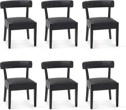 Modern Black Dining Chairs Set of 6, Faux Leather Upholstered Kitchen & Dining Room Chairs, Mid Century Modern Wooden Dining Chairs Oversized Sturdy Rounded Chairs Curved Back