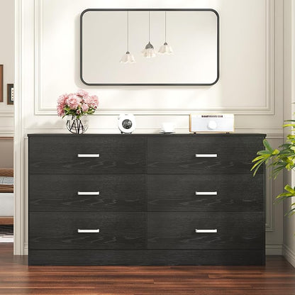 Bigbiglife Wood Dresser for Bedroom, 6 Drawer Double Dresser, Modern Chest of Drawers with Deep Drawers, Large Storage Organizer for Living Room, Closet (Black)