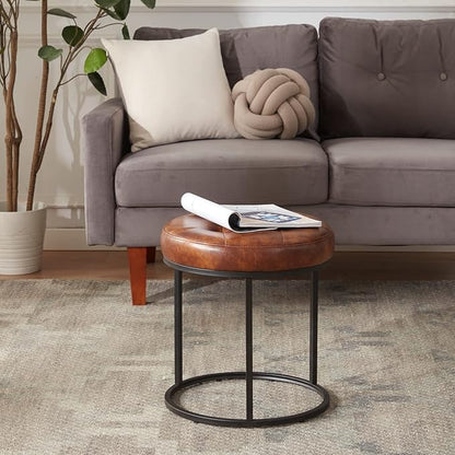 DUHOME Faux Leather Ottoman Stool, Vanity Chair Button Tufted Footrest Stool Makeup Stool with Metal Base for Living Room Bedroom, Yellowish Brown