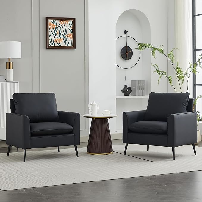 YISHENG Mid-Century Modern Living Room Accent Chairs Set of 2 - Oversized Faux Leather Armchairs with Removable Cushions & Metal Legs, Comfortable Sofas for Office/Lounge/Bedroom/Reception,（Black）