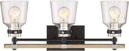Possini Euro Design Broadway Modern Industrial Wall Light Black Painted Faux Wood Hardwired 23" 3-Light Fixture Clear Seedy Glass Shade for Bedroom Bedside Bathroom Vanity Living Room Hallway House