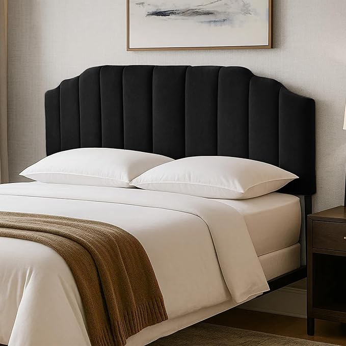 Upholstered Headboard Adjustable Height Queen/King Headboard Cream Velvet Tufted Modern Vertical Channel Design with Stepped Silhouette Top Edge(Black Queen)