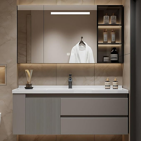 52IN Suspended Bathroom Cabinet Combo Set - Fully Functional LED Mirror with Smart Defogging & Time Display | Bathroom Vanity with Sink,Side Cabinet Storage Compartment (Style C)