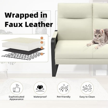 Modern Leather Loveseat, Small Sofa with Side Tray & Pocket, Upholstered Mini Couch for Living Room, Office, Guest Room, Beige