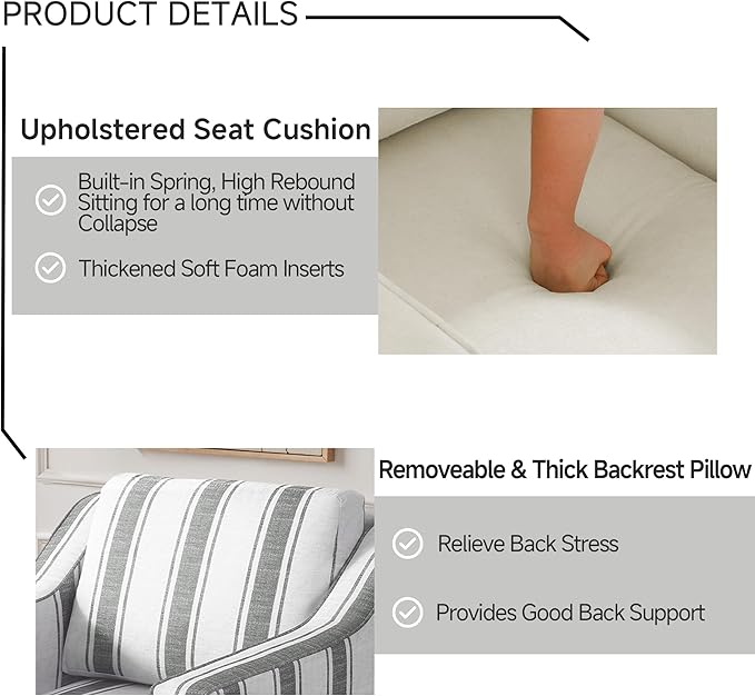 UIXE Swivel Accent Chair, Fabric Upholstered Arm Chair for Living Room, Modern Club Armchair Comfy Single Sofa Bedroom Reading Seat with Lumbar Pillow - Stripe Gray
