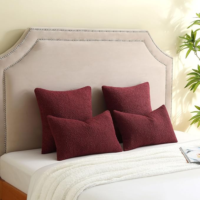 FUTEI Pack of 2 Burgundy Decorative Throw Pillow Covers 22x22 Inch Soft Cozy Solid Boucle Textured Cushion Case,Modern Home Decor for Couch Bed Living Room