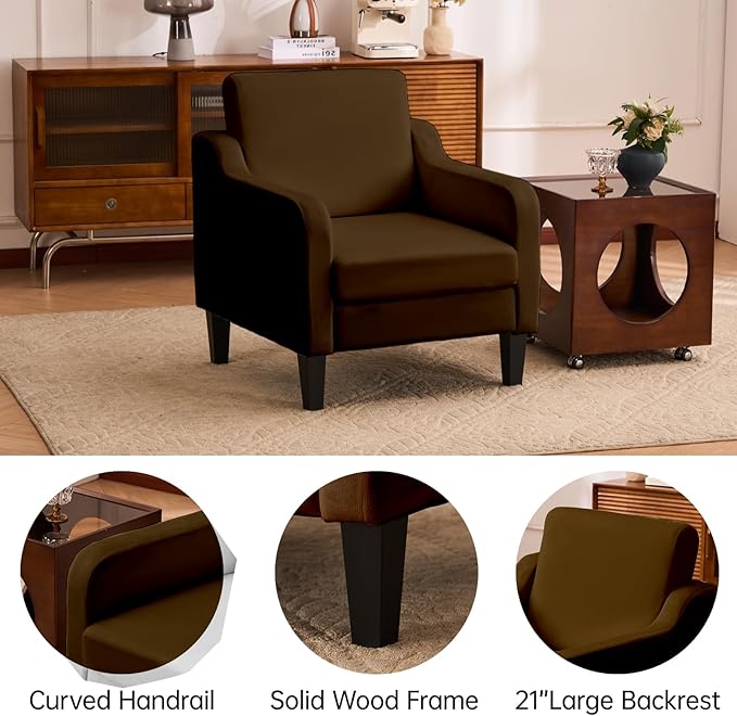 Accent Chair for Living Room, Modern Velvet Living Room Chairs with Wide Backrest, Upholstered Comfy Chair with Cushion, Oversized Sofa Chair with Wood Legs, Single Armchair, Brown