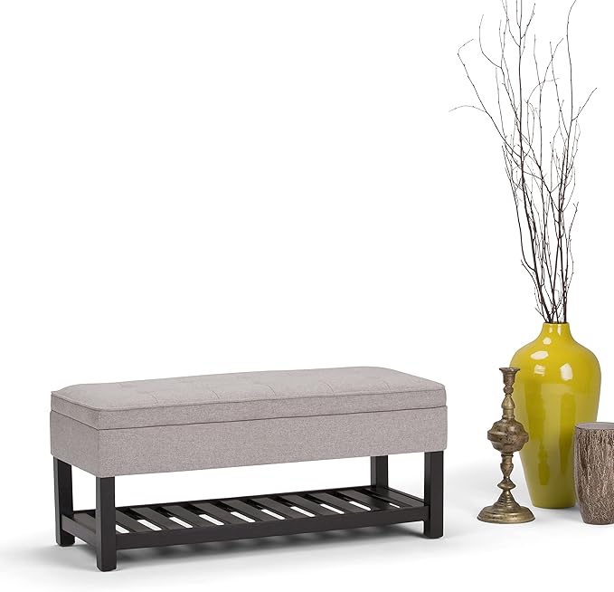 SIMPLIHOME Cosmopolitan 44 inch Wide Transitional Rectangle Storage Ottoman Bench with Open Bottom in Cloud Grey Linen Look Fabric, Assembled for the Living Room and Bedroom
