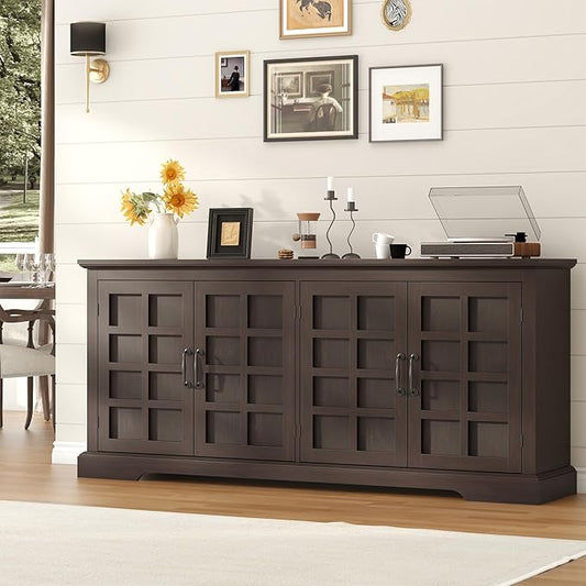 70" Sideboard Buffet Cabinet with Storage, Coffee Bar Cabinet with and 4 Doors, Long Wider Storage Cabinet Modern Farmhouse, Brown Wood, for Kitchen, Dining Room, Living Room