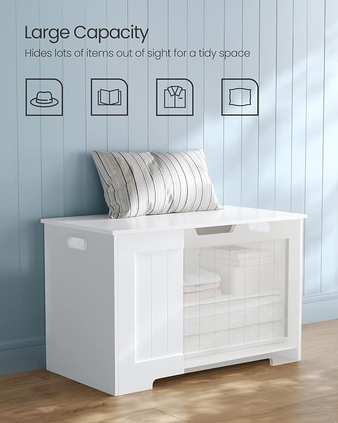 VASAGLE Storage Chest, 29.9 Inches Width Storage Bench, Entryway Bench with 2 Safety Hinges, Shoe Bench, Farmhouse Style, for Entryway, Bedroom, Living Room, Cloud White ULHS11WT