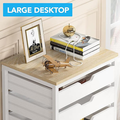 Tribesigns 5 Drawer Chest, Wood Storage Dresser Cabinet with Wheels, Industrial Storage Drawer Organizer Cart for Office Bedroom Entryway (White, 1 PC)