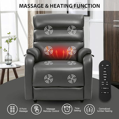 EONIX Dual Motor Lay Flat Power Lift Recliner Chair for Elderly, Breathable Faux Leather Electric Lift Chairs for Adults, 400lbs Heavy Duty Power Recliner with Heat Massage Charging Ports, Grey