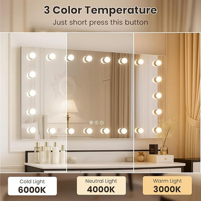 WTTY LED Bathroom Mirror with Lights 60"x28" Hollywood Wall-Mounted Mirror with 3 Color Temperatures, Stepless Dimmable Bulbs, Anti-Fog & Shatter-Proof
